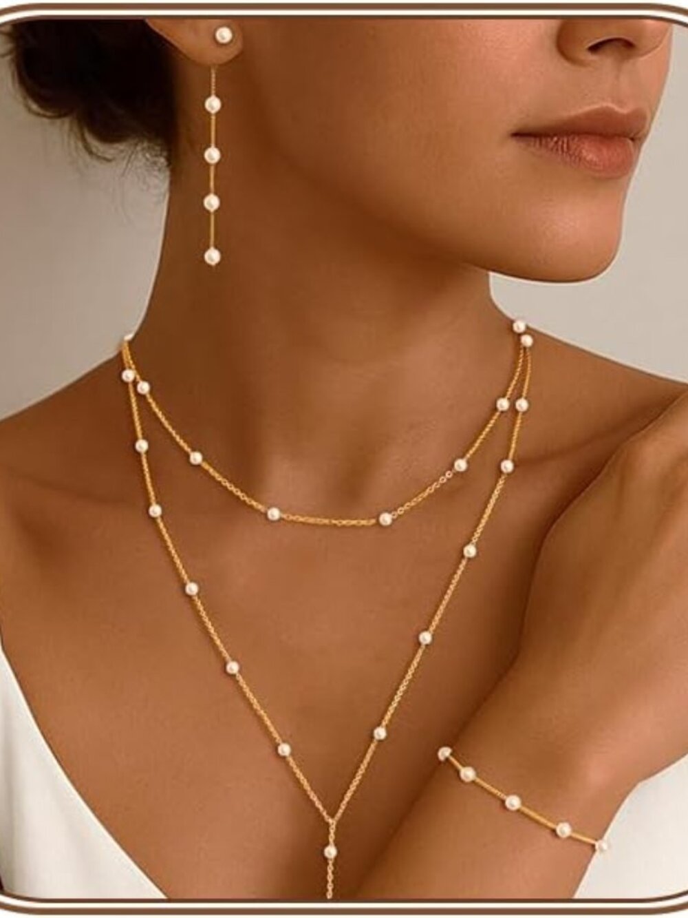 Gold Pearl Jewelry Set for Women Dainty 14K Gold/Sliver Plated Pearl Necklace an